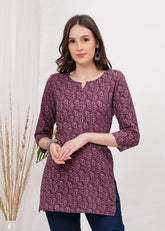 Rich Maroon  Block print Notch Neck Line Cotton Short Kurti- Bold Elegance for Sophisticated Look